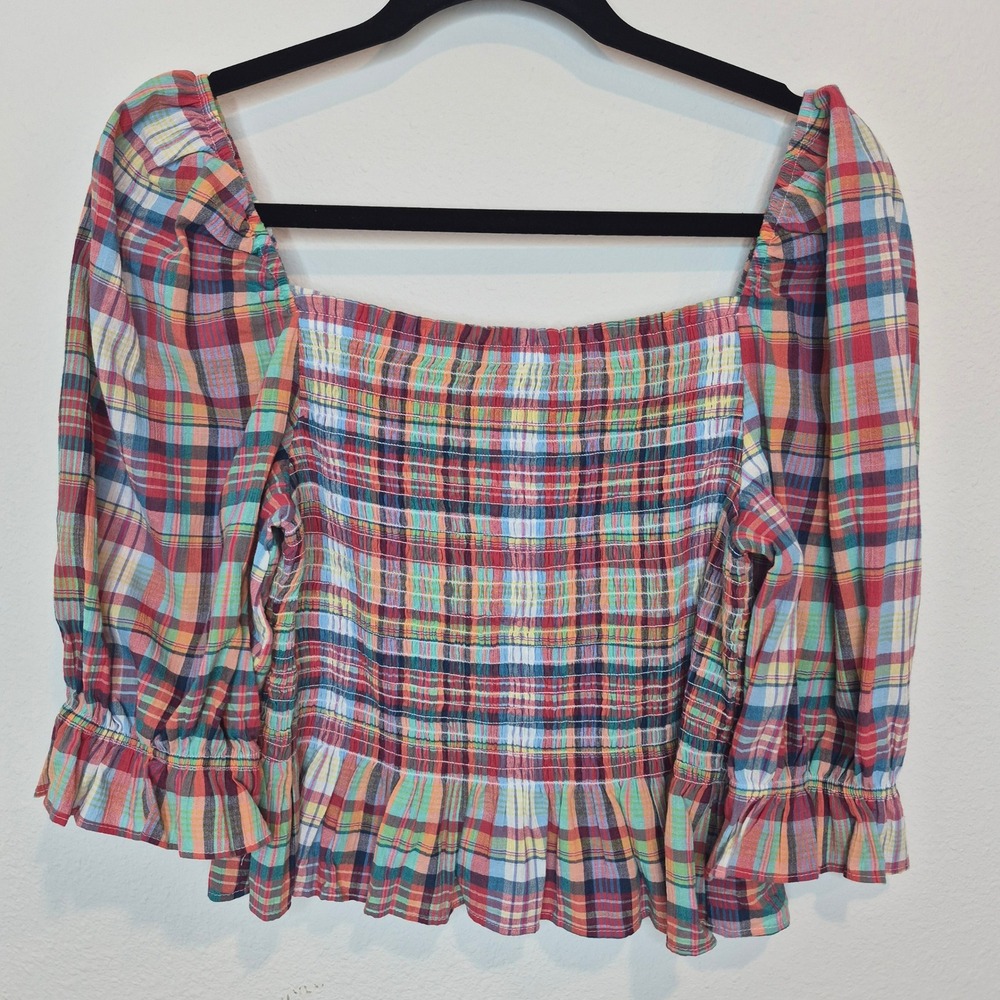Tommy Hilfiger Smocked Plaid Crop Top Ruffle‎ Balloon Sleeve 100% Cotton Size L